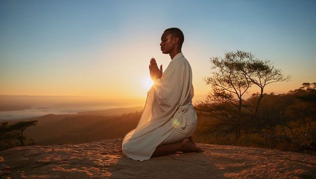 Man Kneeling Meditating at Sunset on Cliff Edge in White Robe