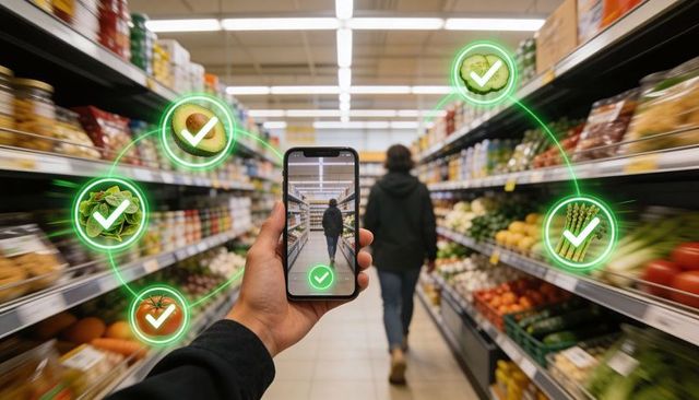 Using smartphone ar scanning grocery items in supermarket aisle with produce checkmarks
