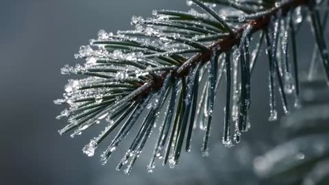 Pine Needles Catching Frosty Crystals and Icicles in Soft Morning Light