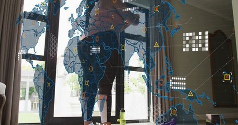Woman balancing on step in home gym with holographic world map overlay and fitness gear