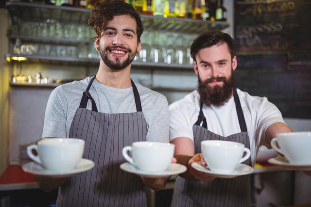 Portrait of smiling waiters serving a cup of coffee at counter in cafÃ©