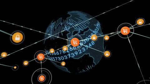 Animated Digital Network with Global Connections and Shopping Cart Icons