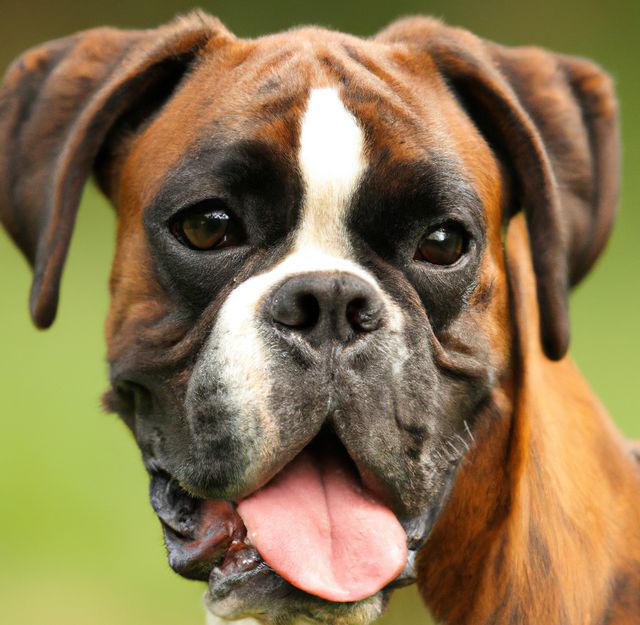 Close-up portrays a cheerful Boxer dog with a brown coat and white facial markings, tongue out in a playful gesture. Suitable for pet-focused graphic designs, advertisements, and websites dedicated to dog care and adoption.