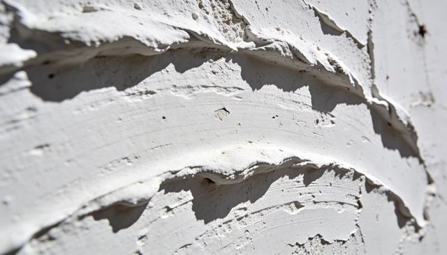 Macro white plaster texture with trowel ridges and speckled debris for construction