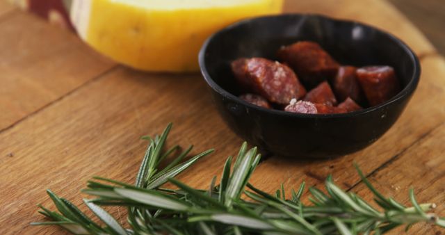 Close-up of Rosemary, Cheese, and Sausage Slices on Wooden Board - Download Free Stock Images Pikwizard.com