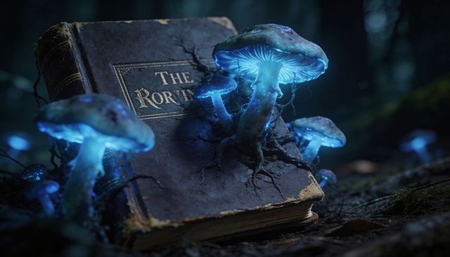 Glowing bioluminescent mushrooms growing from worn leather book in enchanted moonlit forest