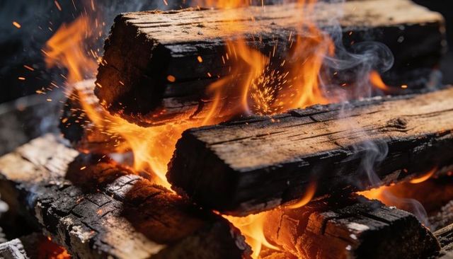Crackling firewood logs glowing and sending sparks and smoke close-up charred embers heat