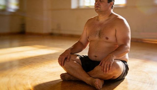 Shirtless man meditating cross-legged on sunlit wooden floor in minimalist studio