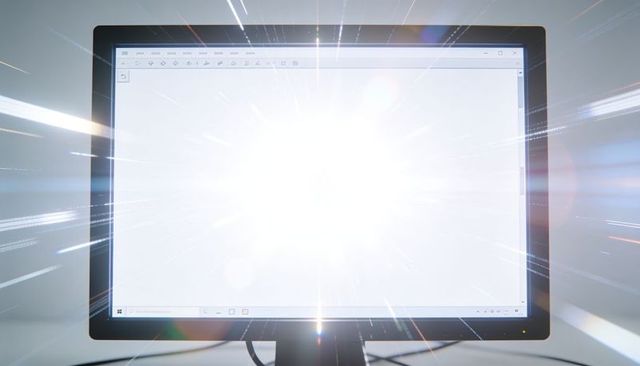 Matte-black monitor displaying overexposed white window with radiant lens flare and cables