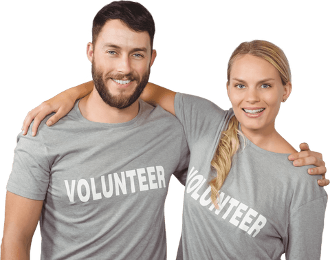 Smiling volunteers posing in transparent background