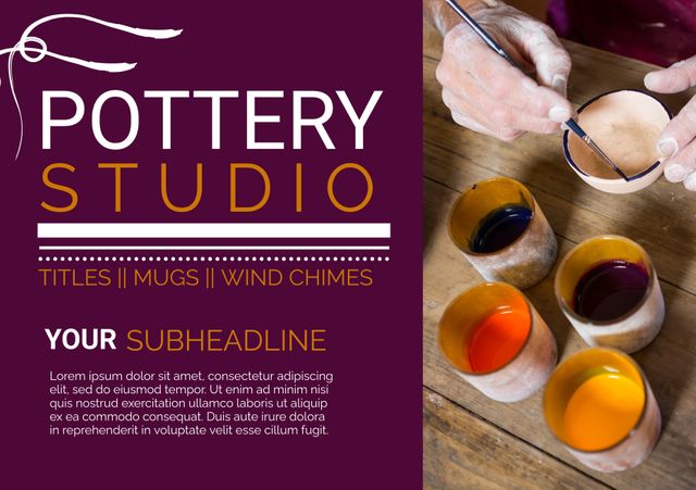 This flyer highlights a pottery studio offering workshops where participants create and decorate various ceramic items like mugs and wind chimes. Ideal for promoting arts and crafts studios, pottery classes, creative hobby centers, and community activities. Useful for events, school programs, and creative team-building exercises.