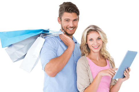 Young Couple Shopping with Bags Using Transparent Tablet