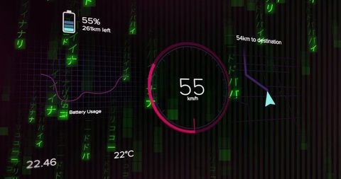 Futuristic neon hud speedometer displaying 55 km/h with battery range and navigation