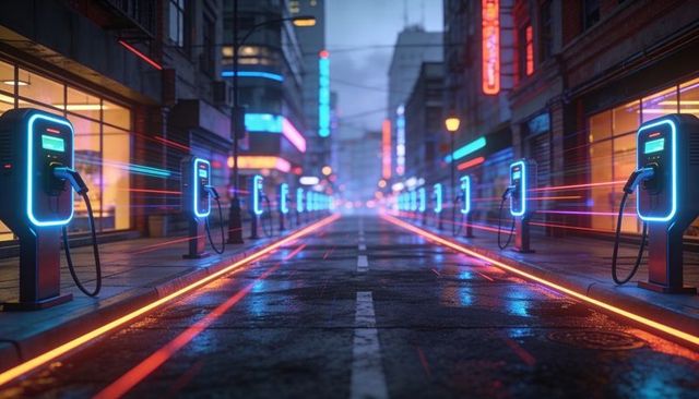Neon ev charging alley in cyberpunk city night — futuristic electric vehicle stations