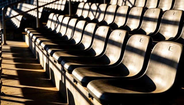 Empty stadium seats at golden hour casting dramatic striped shadows and repeating lines