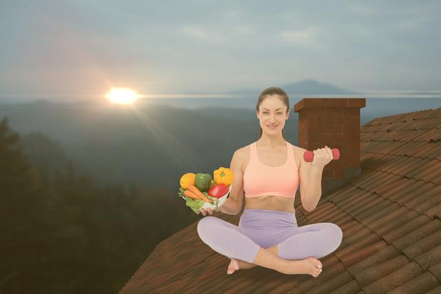 This image captures a woman promoting a balanced approach to health by combining physical exercise and proper nutrition. Perfect for articles, blogs, or advertisements focused on fitness, holistic health, and wellness retreats. Can be used for marketing campaigns that highlight the importance of a balanced lifestyle and mental health awareness.