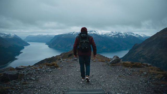 Solo hiker walking ridge trail toward fjord with snow-capped peaks under overcast sky