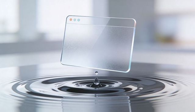 Floating frosted browser window hovering over water ripple with droplet and glass reflection