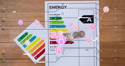Energy Label Sheet with Coins and Network Overlay Highlighting Cost Savings and Consumer Insights