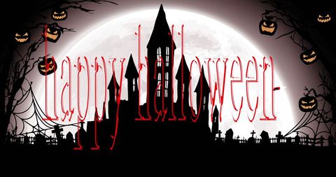 Spooky Haunted House Silhouette with Full Moon and Jack-o'-lanterns