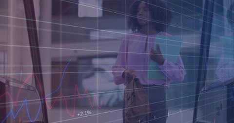 Businesswoman overlaid with financial data charts and graphs