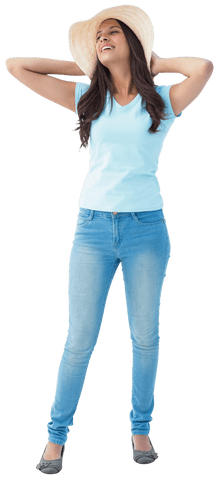 Young Woman in Blue Jeans and Sunhat Transparent Background