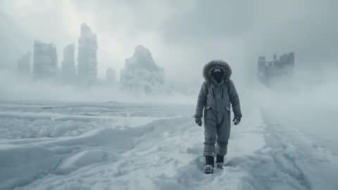 Explorer Advances Through Frozen Wilderness Amidst Desolated Ruins