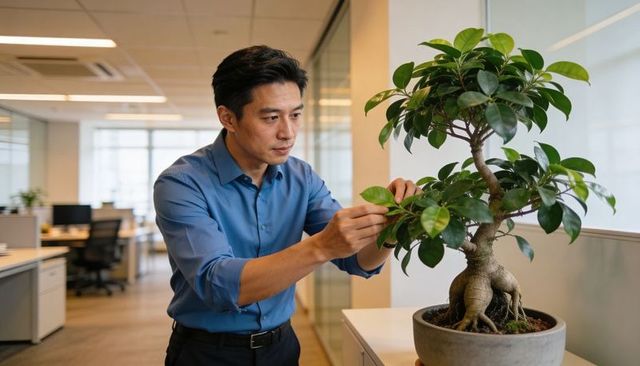 Asian businessman tending bonsai on office cabinet for workplace wellness and focus