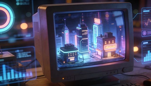 Retro crt monitor displaying neon cyberpunk mini city diorama with holographic interface