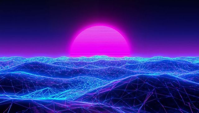 Futuristic Neon Wireframe Landscape with Glowing Magenta Sunset