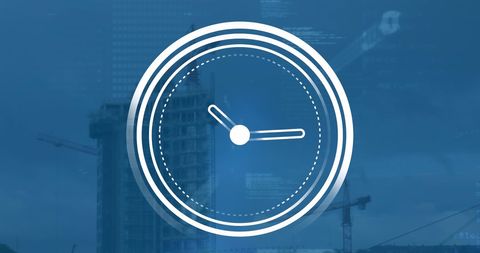 Futuristic Clock Overlay on Construction Site Background
