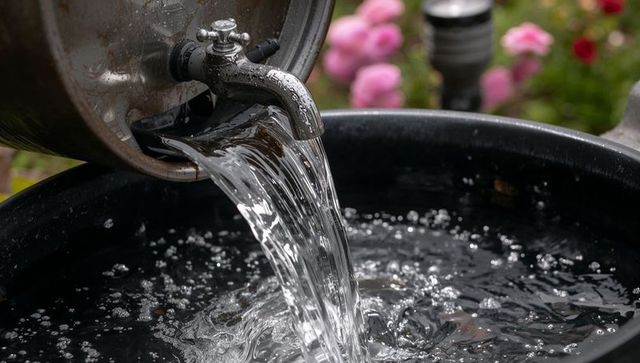 Barrel spigot pouring clear water into basin with pink garden flower bokeh