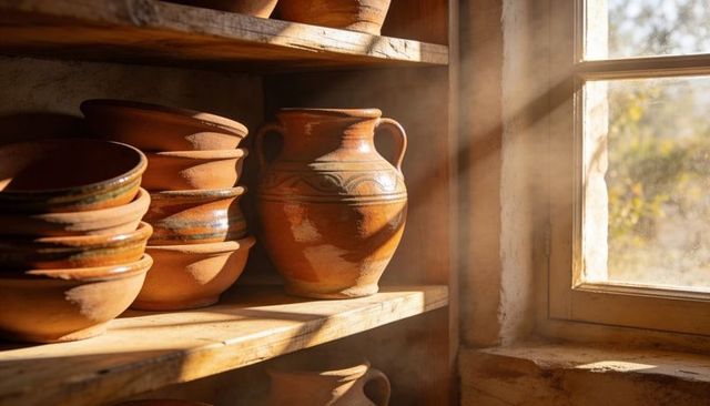 Sunlight glowing on terracotta urn and stacked clay bowls on rustic shelf