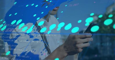 Businessman holding smartphone checking mobile analytics with digital data overlay