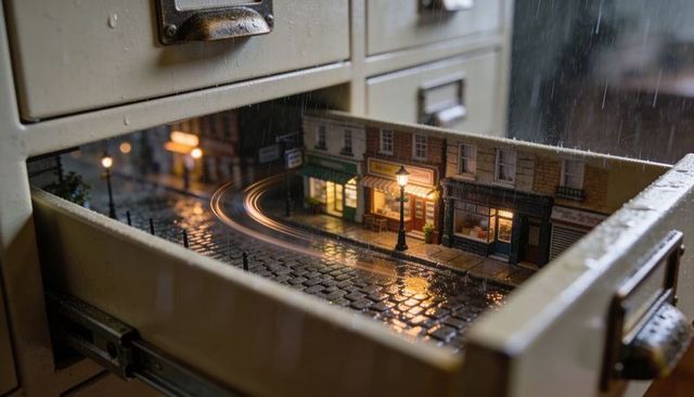 Miniature rainy cobblestone street glowing inside vintage metal drawer with reflections