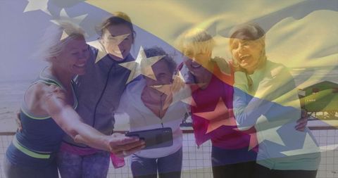 Senior women group taking selfie with flag overlays