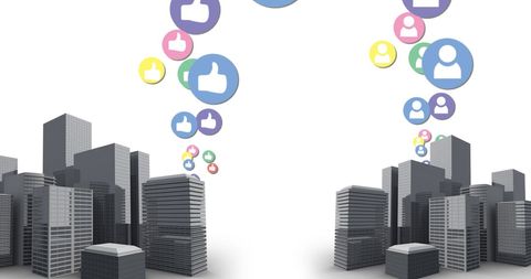 Digital Social Media Icons Over Urban Cityscape