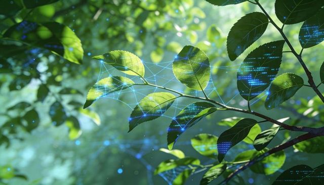 Sunlit Green Leaves with Glowing Digital Network Mesh, Eco Technology and Sustainability