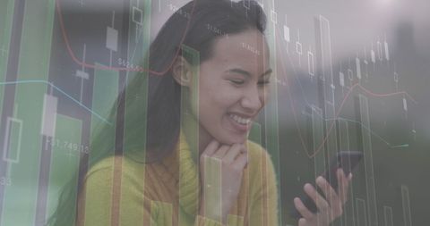 Happy Young Woman on Phone Analyzing Financial Data Overlays - Download Free Stock Images Pikwizard.com