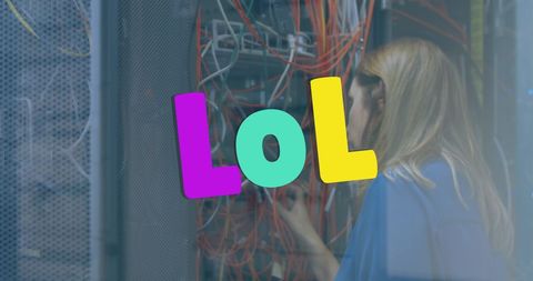 Technician organizing network cables with playful design filter