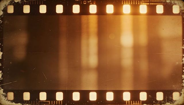 Displaying distressed sepia 35mm film frame with sprocket holes, scratches and light leaks