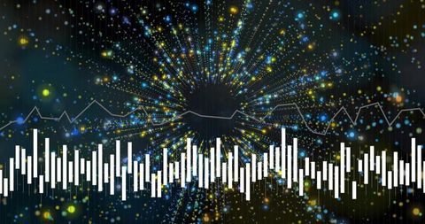 Pulsing Audio Waveform with Radial Particle Burst, Bokeh and Circuit Grid for Technology
