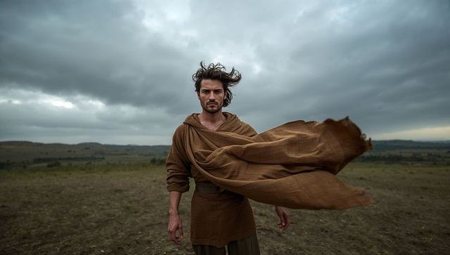 Standing man bracing against wind in earthtone cloak on stormy moorland