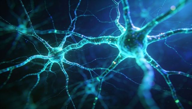 Glowing neurons firing and connecting in 3D microscopic neural network visualization