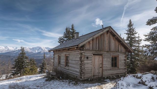 Rustic wooden mountain cabin with chimney smoke on snowy alpine ridge and pine forest