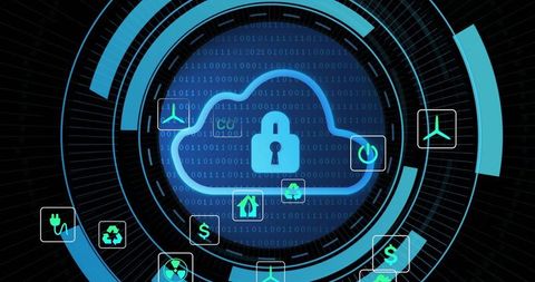 Securing cloud data with padlock in neon HUD interface and binary cyber security visualization