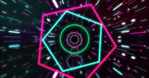 Neon geometric shapes pulsating in futuristic space background