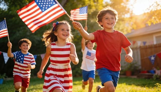 Children running and waving american flags in backyard celebrating 4th of july sunlit joy