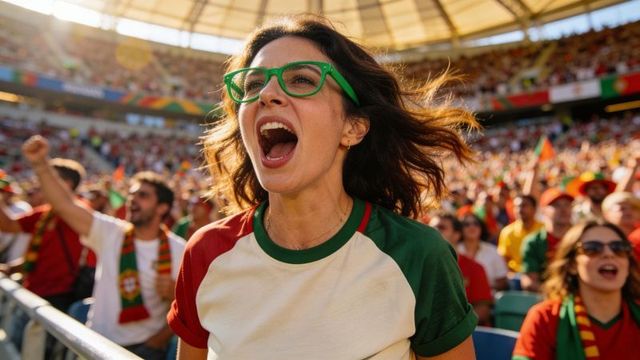 Passionate fan cheering in stadium wearing green glasses and team jersey, waving flags