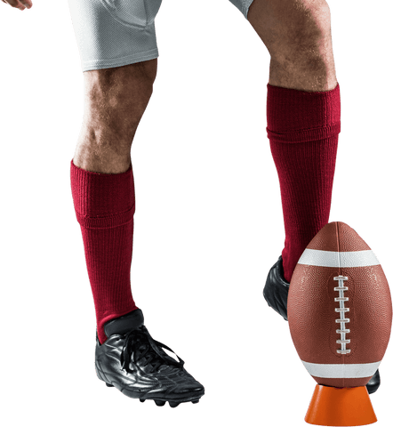 This transparent background showcases a sportsman preparing to kick an American football on an orange tee. The focus on the athlete's lower body emphasizes the red socks and the athletic footwear, underscoring dynamic motion. Ideal for use in sports apparel promotions, sport blog illustrations, or football-themed marketing materials, conveying action and preparation.